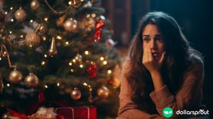 A woman sitting in front her Christmas tree with a very distressed look on her face. She is worried about the debt she has incurred on gifts for the holidays.