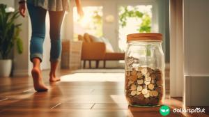 A dramatic shot of a large jar with coins, with a woman walking past it. The jar represents the idea of saving money.