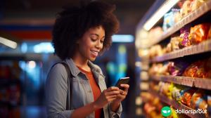 A woman at the grocery store that is looking at an app on her phone that gives her deals on her groceries.