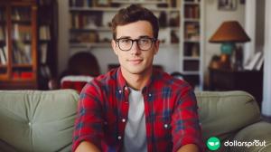 A 25 year old man in a flannel shirt and glasses that is sitting on his couch and looking at the camera. He is ready to start investing.