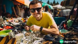 A guy pillaging through a yard sale looking for items he can buy and then sell for a quick profit.