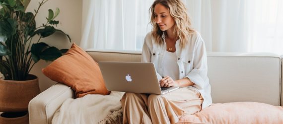 A woman blogging on her laptop while she is sitting on her couch in her living room.