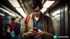 A man in his 30s on the subway looking at his phone as he scrolls through X (formerly known as Twitter)