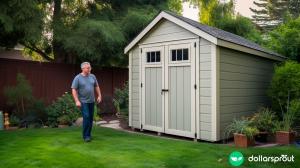 A suburban dad looking at a shed in his well maintained backyard.