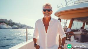 A wealthy older man standing on his yacht in an exotic location with a smile on his face.