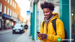 A man in his twenties standing on a city sidewalk as he looks down at his phone with a soft smile on his face.