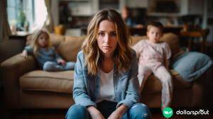 A stressed out mom sitting on her couch with her kids, with a frazzled look on her face as she worries about how she is going to pay her bills.