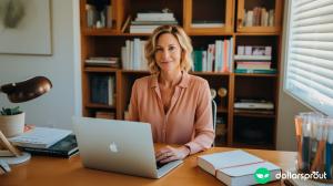 A 38 year old woman proudly sitting in her home office with her laptop out.