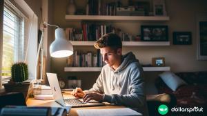 A college freshman male doing some online work on his laptop in his dorm room.