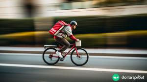 A guy zooming down the street on his bike, delivering DoorDash food.