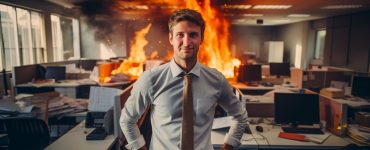 A fictitious picture of a man in a tie standing in front of cubicles that are on fire. He has a smirk on his face.