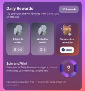 example of daily rewards in the sweatcoin app