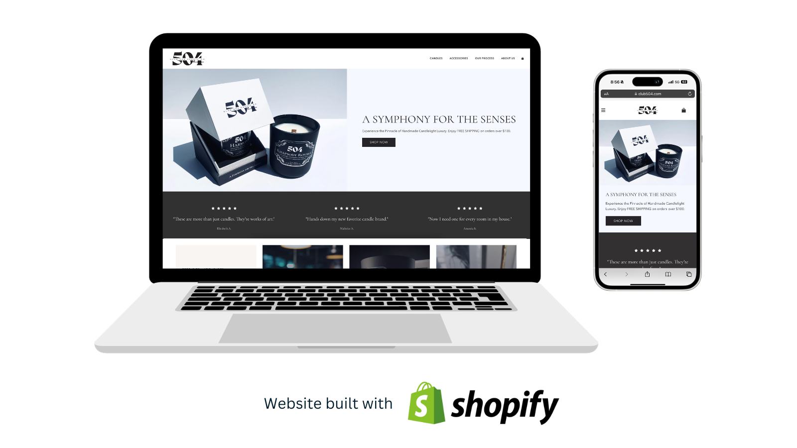 Laptop and iPhone mockups of the Club 504 website, built with Shopify