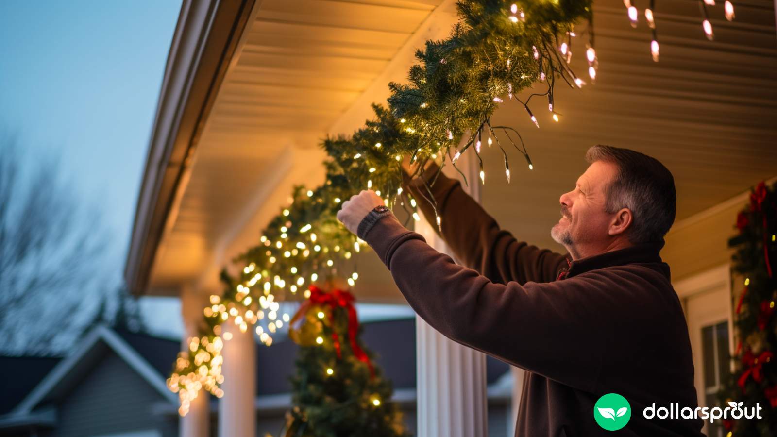A man hanging up Christmas lights