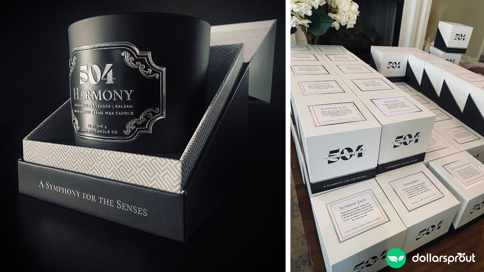 Two photos showing our candle labels and boxes.