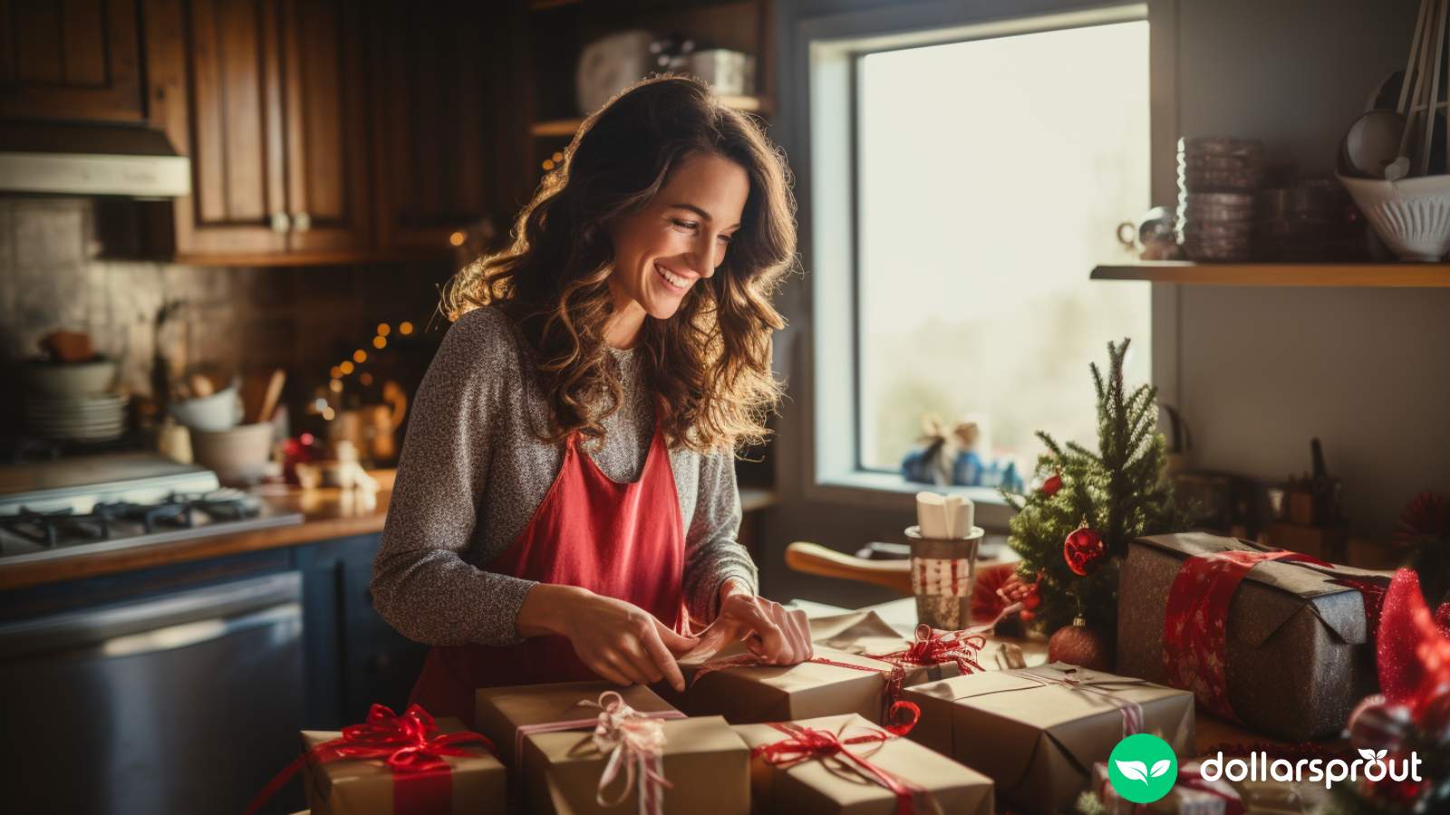 A woman wrapping Christmas presents in her kitchen.