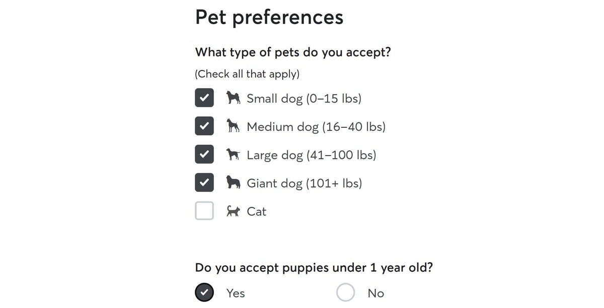 list of pet care preferences on rover
