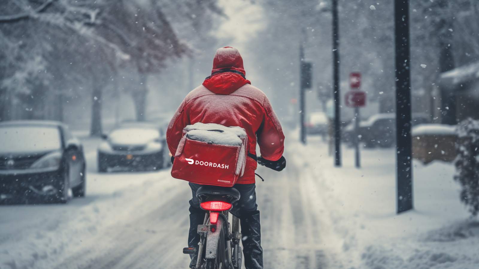 man delivers a doordash order on a bike in snowy weather 