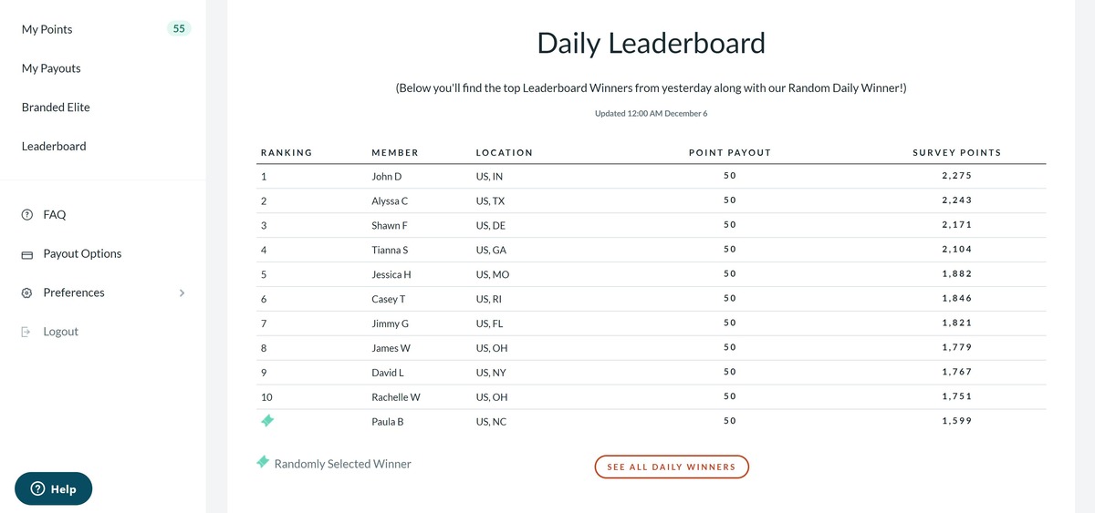 branded surveys daily leaderboard