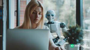 robot overlooks woman on laptop