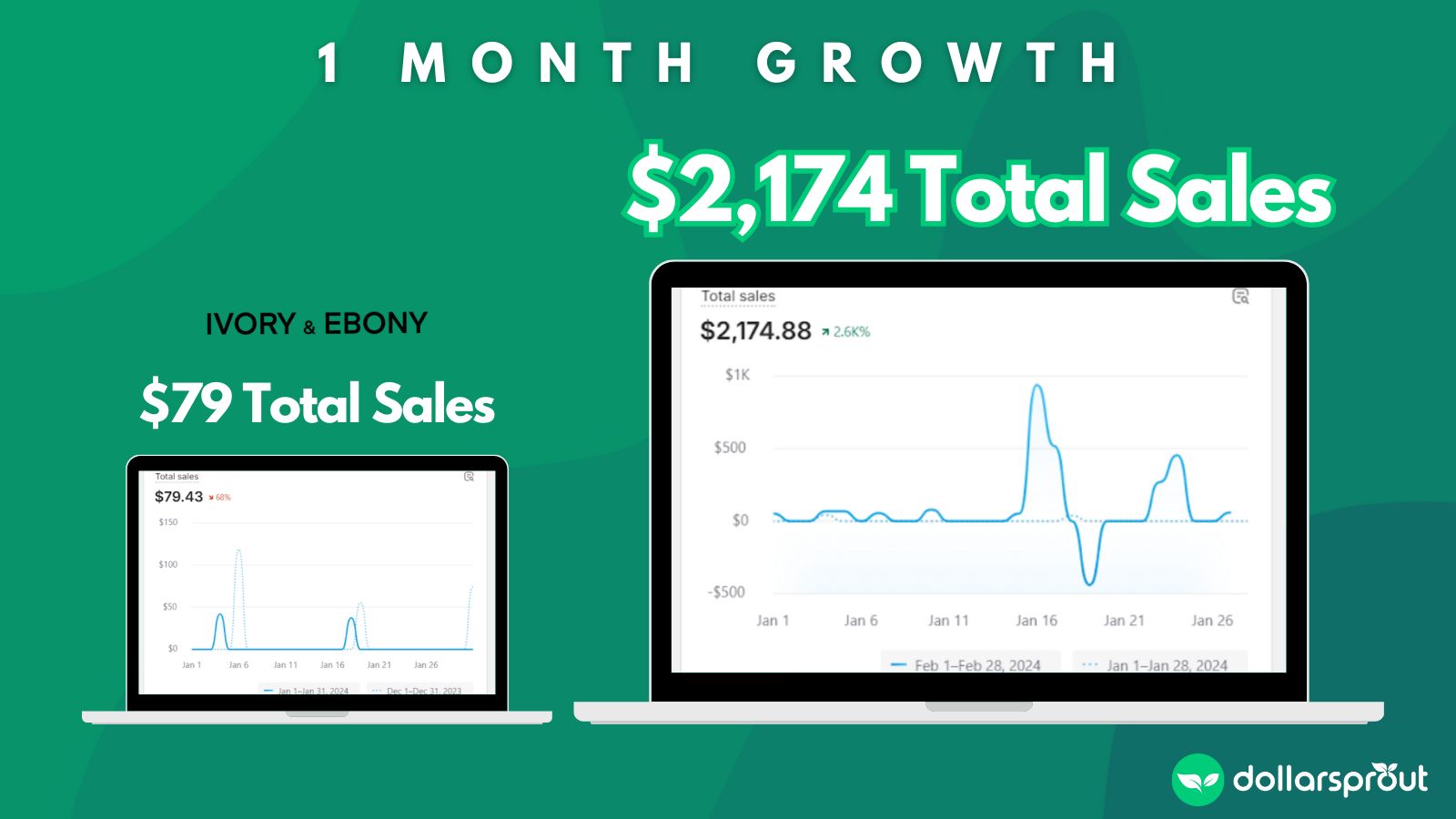 Infographic showing Shopify sales data of $79 in revenue in Jan 2024 and $2,137 revenue in February 2024.