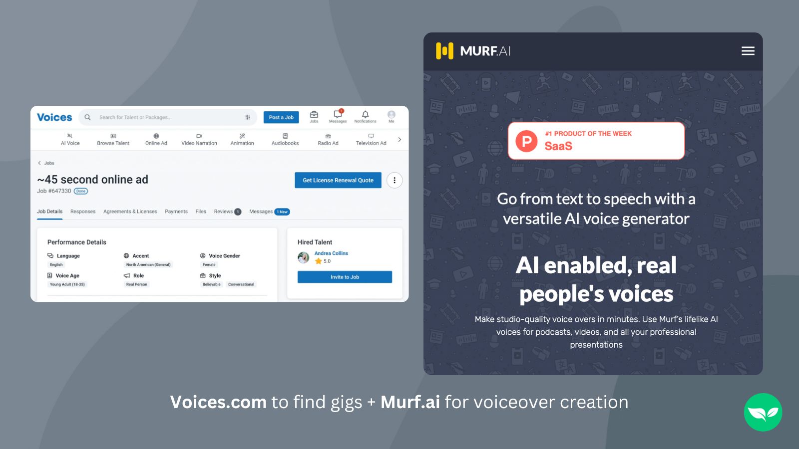 An infographic showing a listing on voices.com and a screenshot from murf.ai for making an AI voiceover.