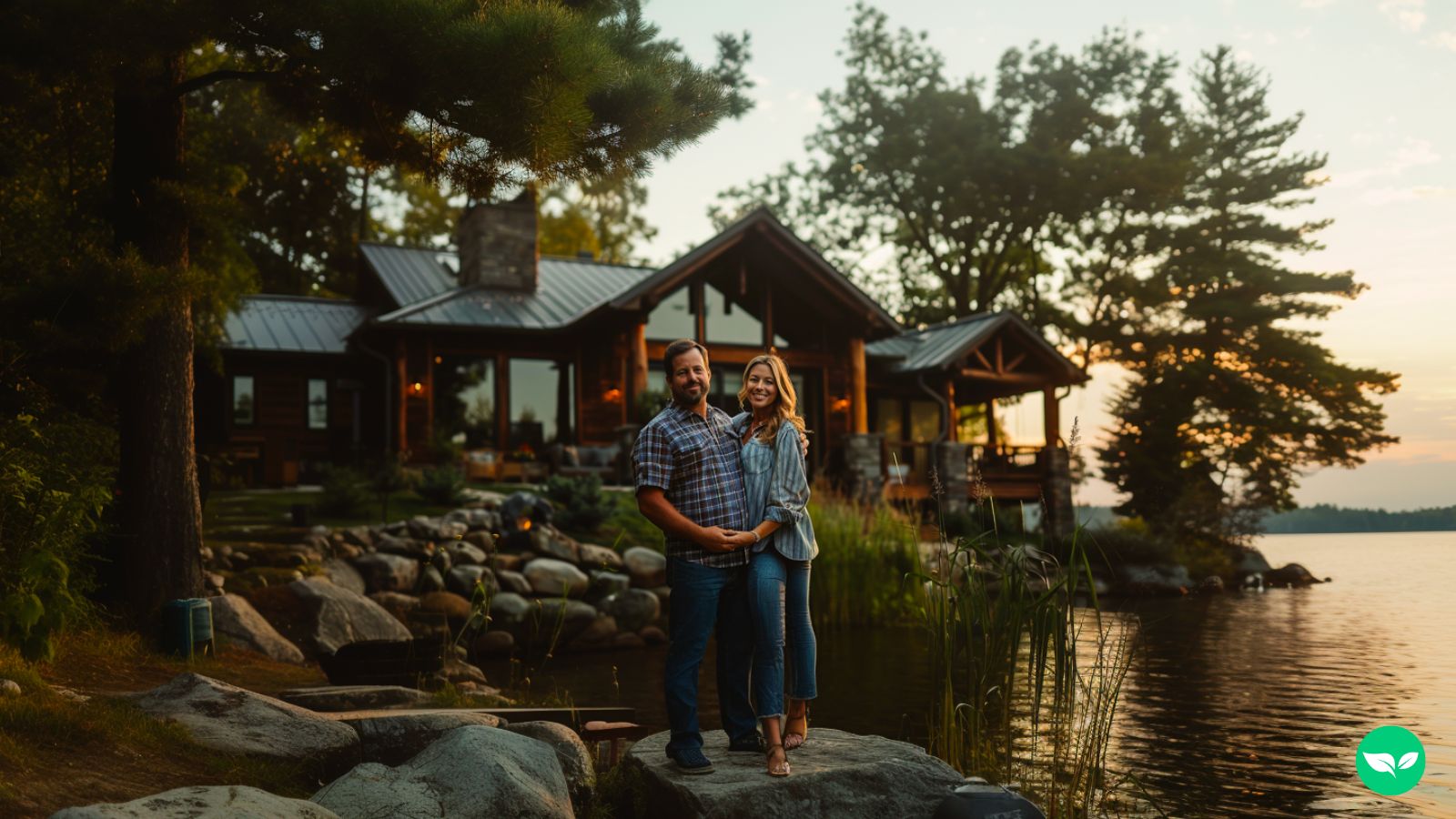 A married couple standing on a rock in front of their lake house.
