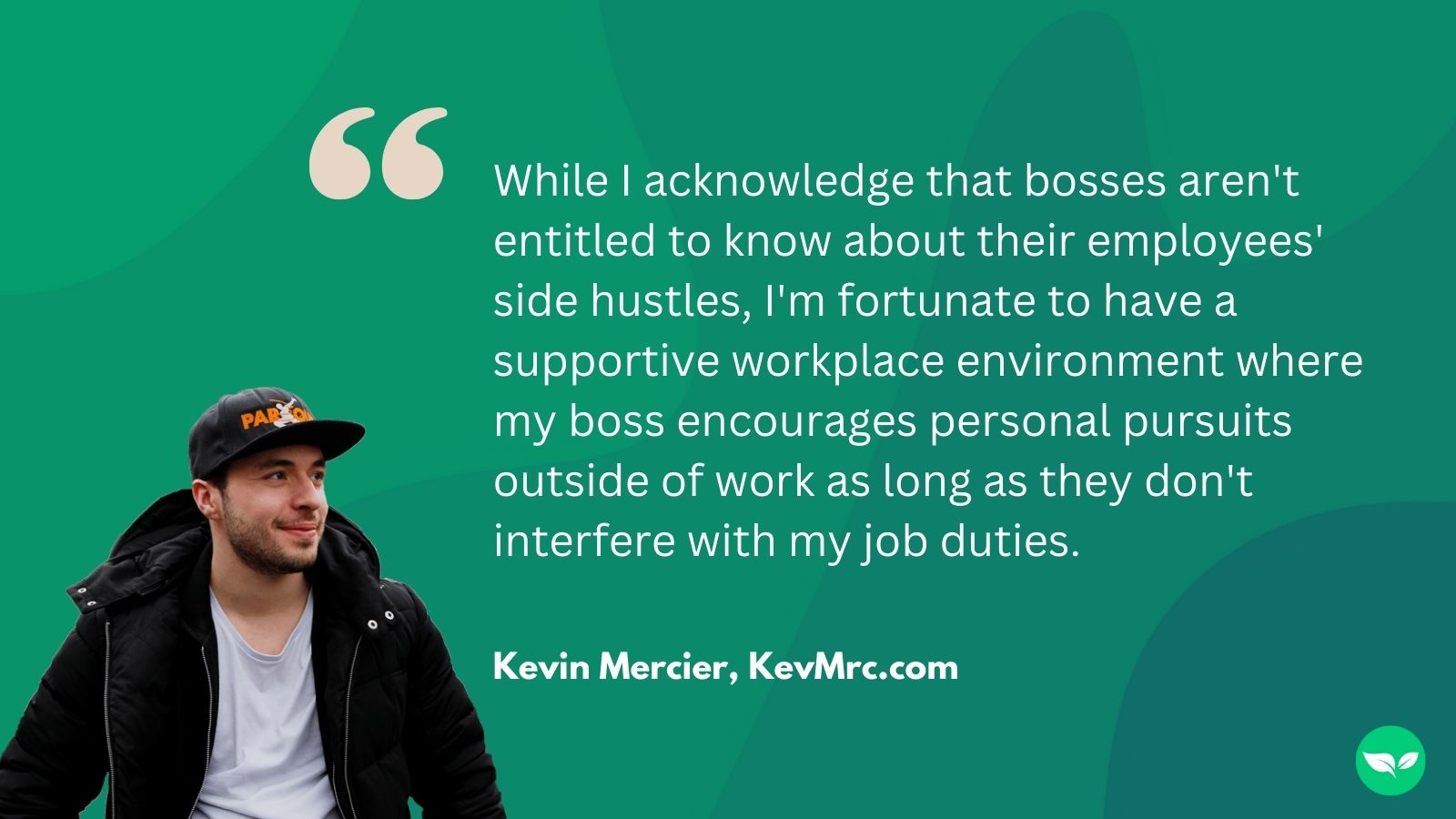 A graphic showing a quote from Kevin Mercier, a travel blogging side hustler.