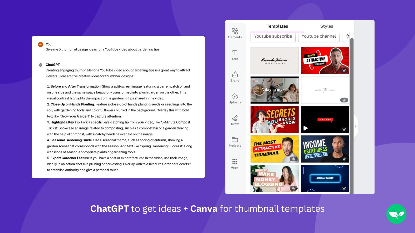 Infographic showing how someone can use ChatGPT and Canva to create YouTube thumbnails
