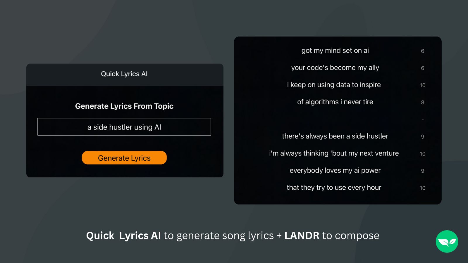 A screenshot showing Quick Lyrics AI being used to come up with song lyrics.