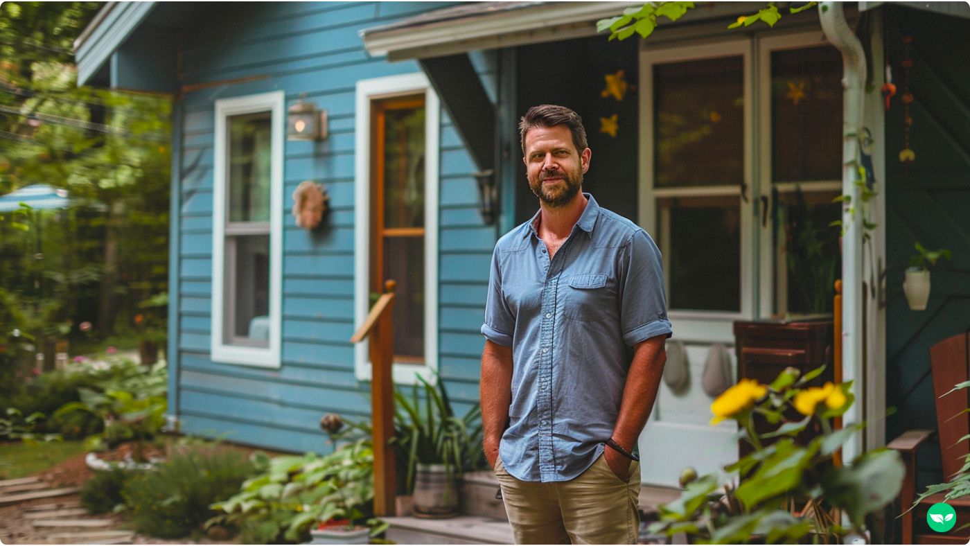 airbnb host stands next to his property for a photo