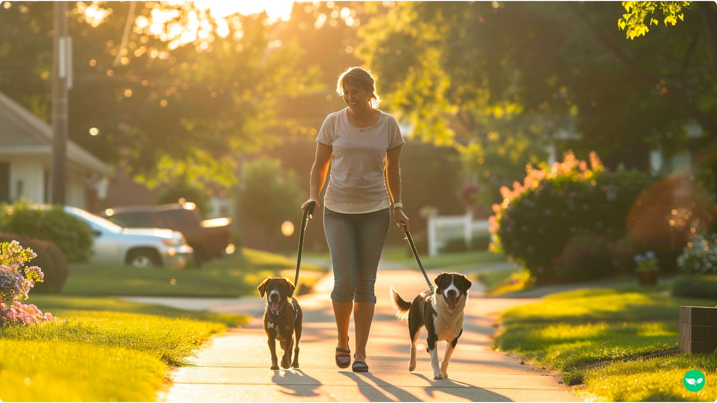 woman walking dogs for her summer side hustle