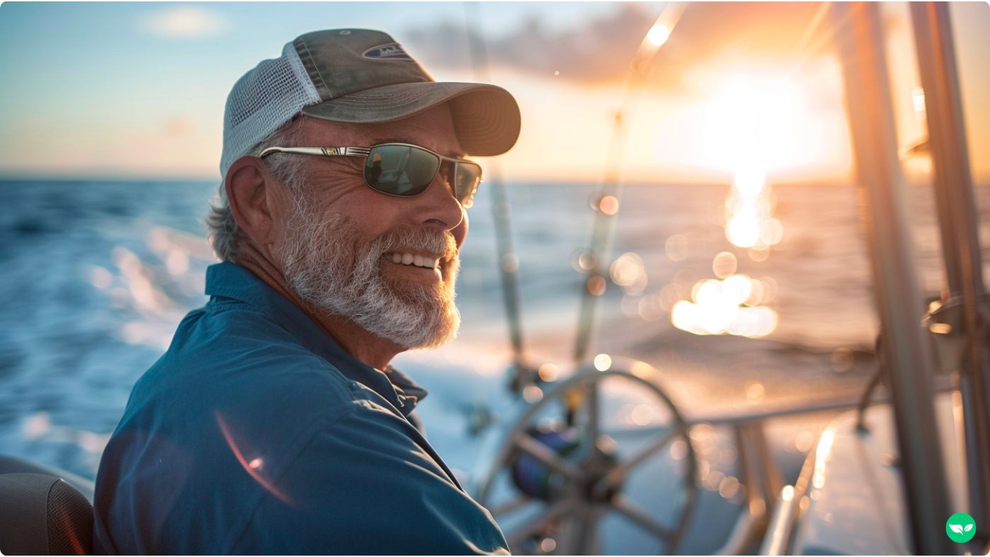 older man on a chartered fishing trip acting as the fishing guide