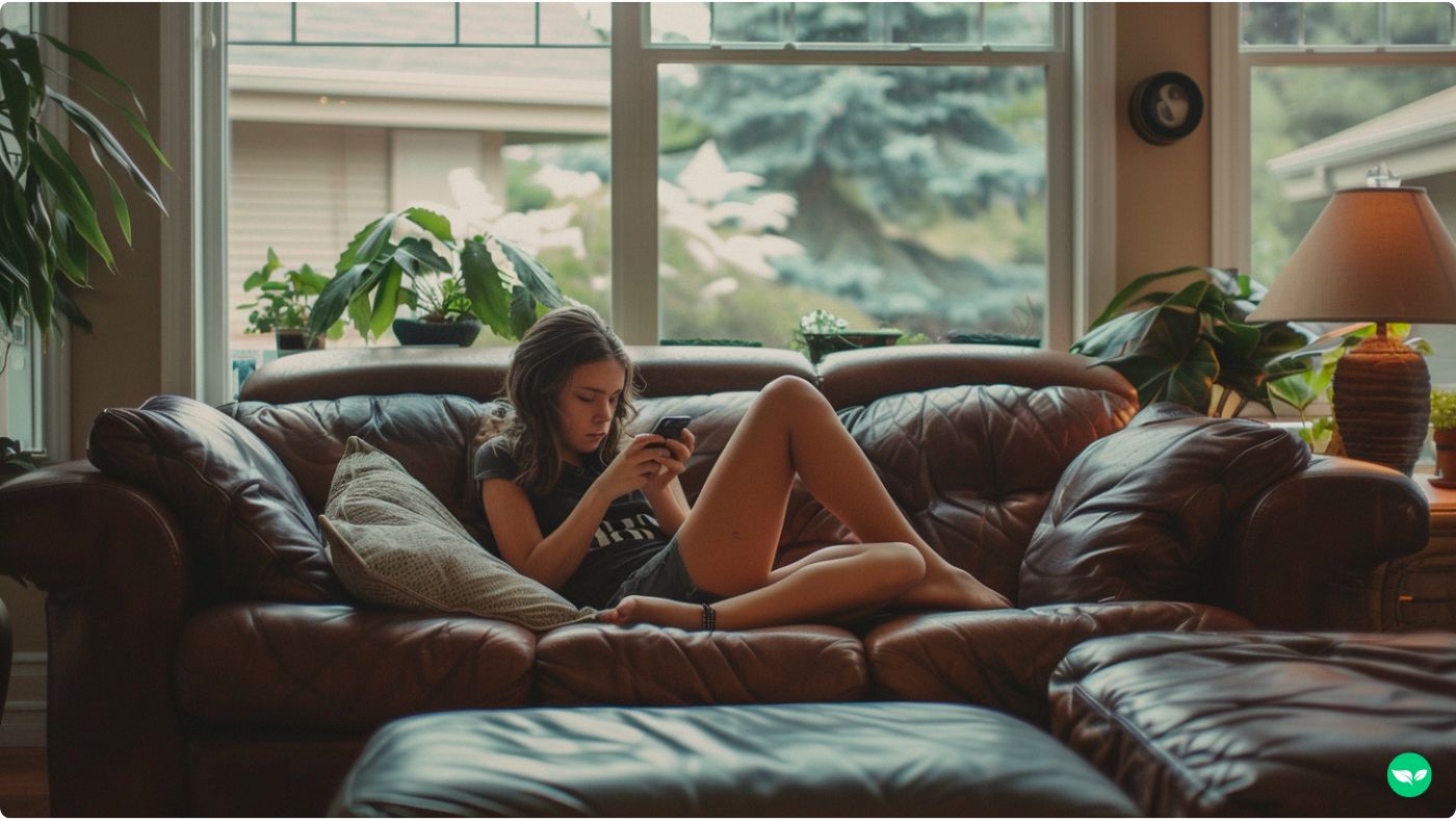 girl sitting on couch during a housesitting gig