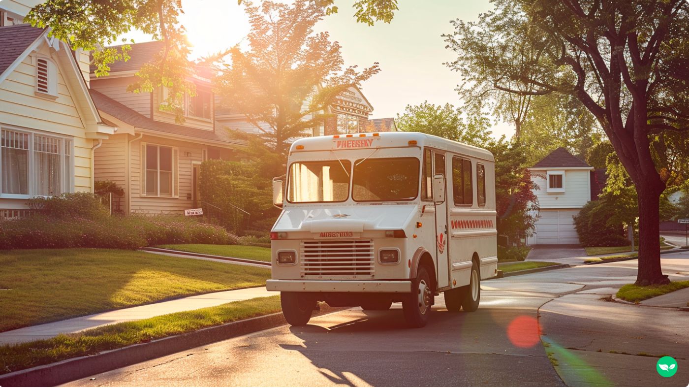ice cream truck driving around a neighborhood