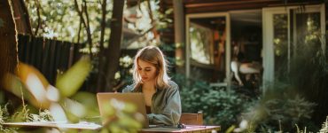 A woman working on her laptop outside