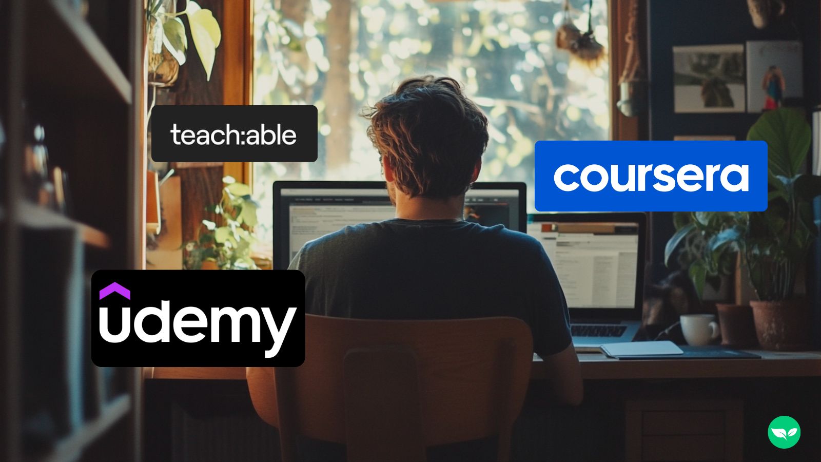 An online course creator looking at his computer. Floating logos for Udemy, Coursera, and Teachable are around him