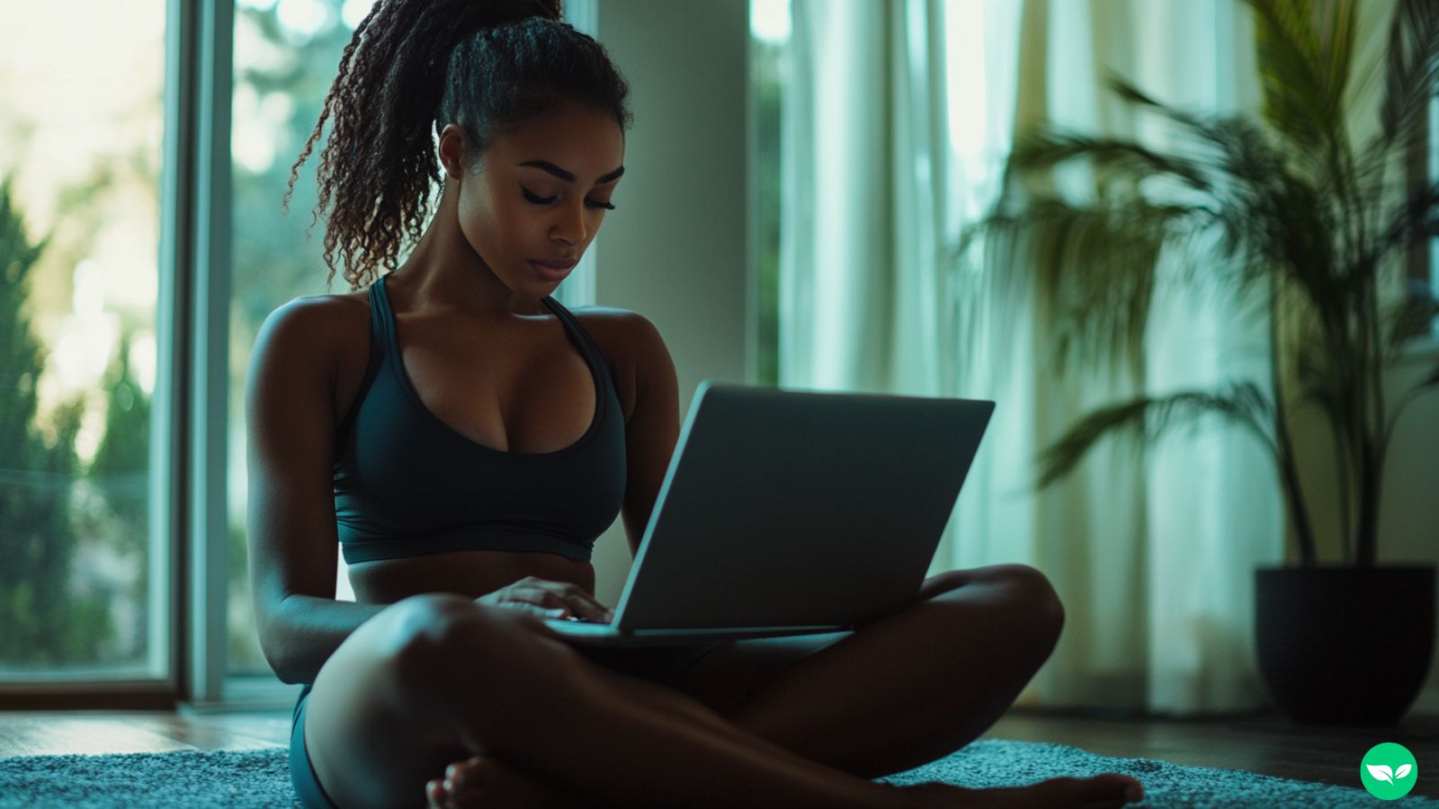 A woman in workout gear working on her laptop sending a client an email.