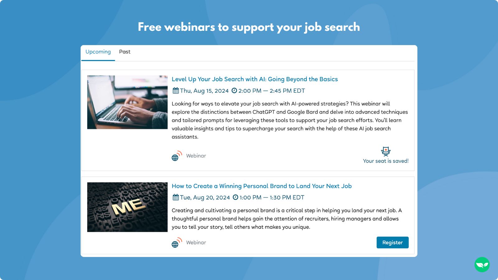 A screenshot showing career webinars