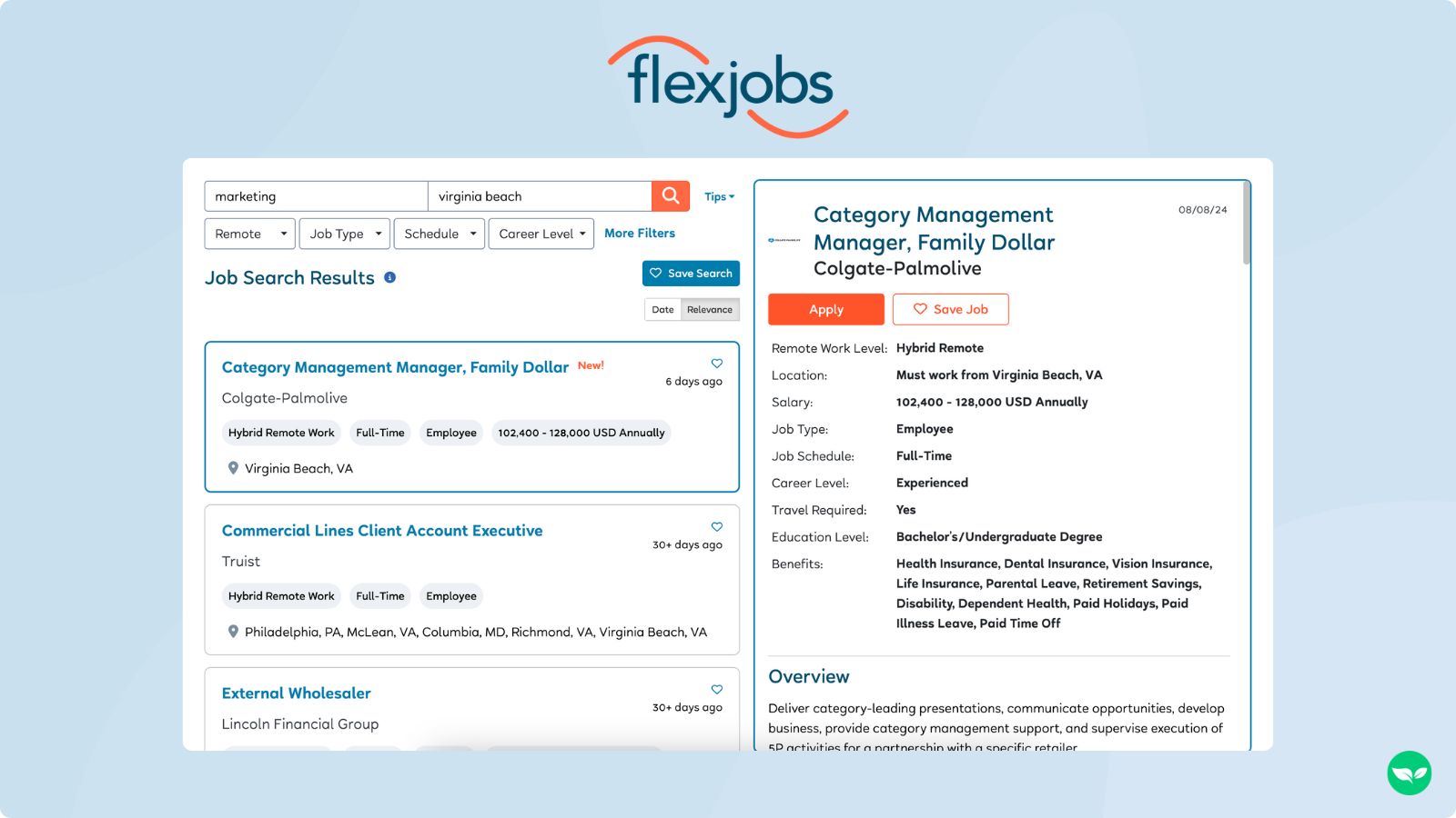 A screenshot showing marketing jobs on FlexJobs