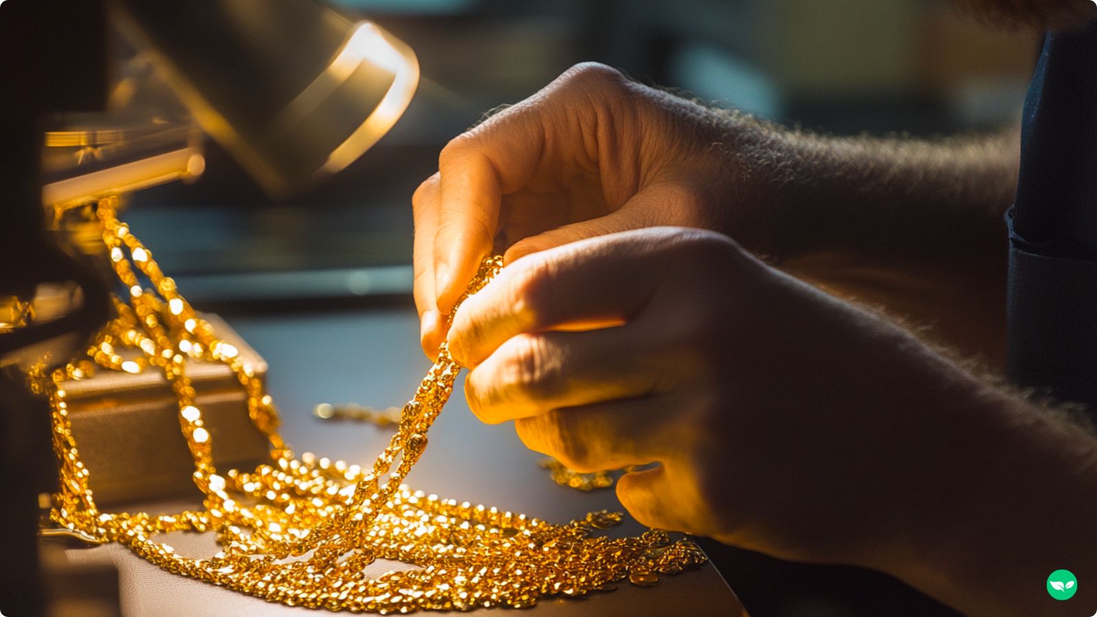 a jewelry appraiser inspecting a gold necklace in a well lit studio.