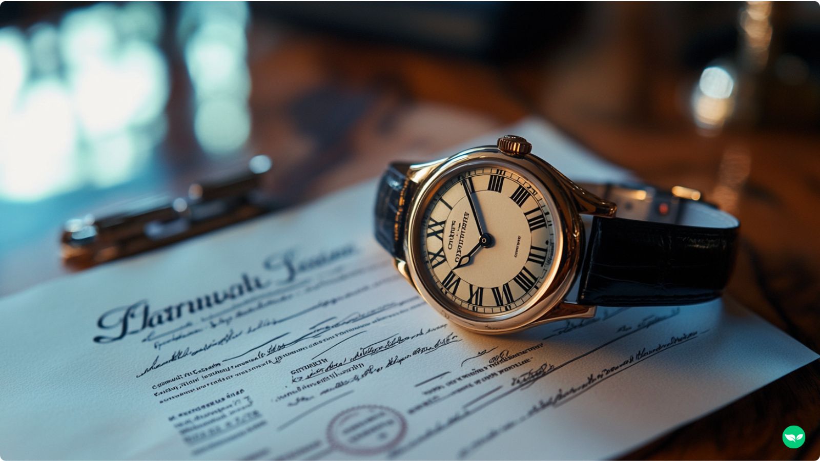 a photo of authenticity documents displayed next to a Cartier watch.