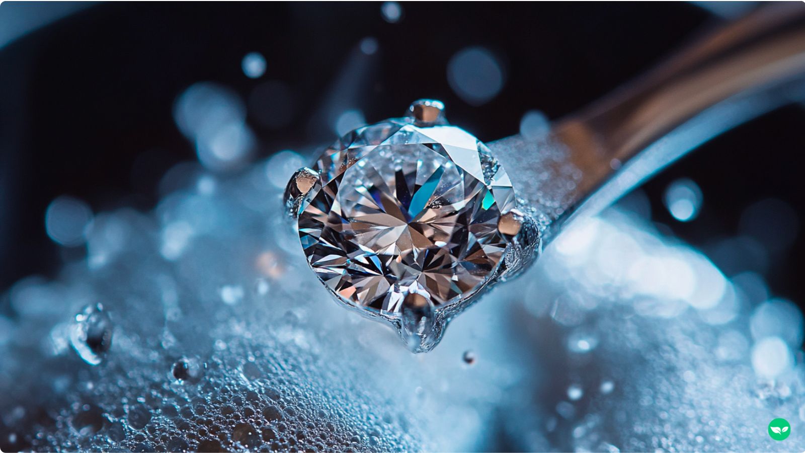 a close up shot of a diamond ring being cleaned.