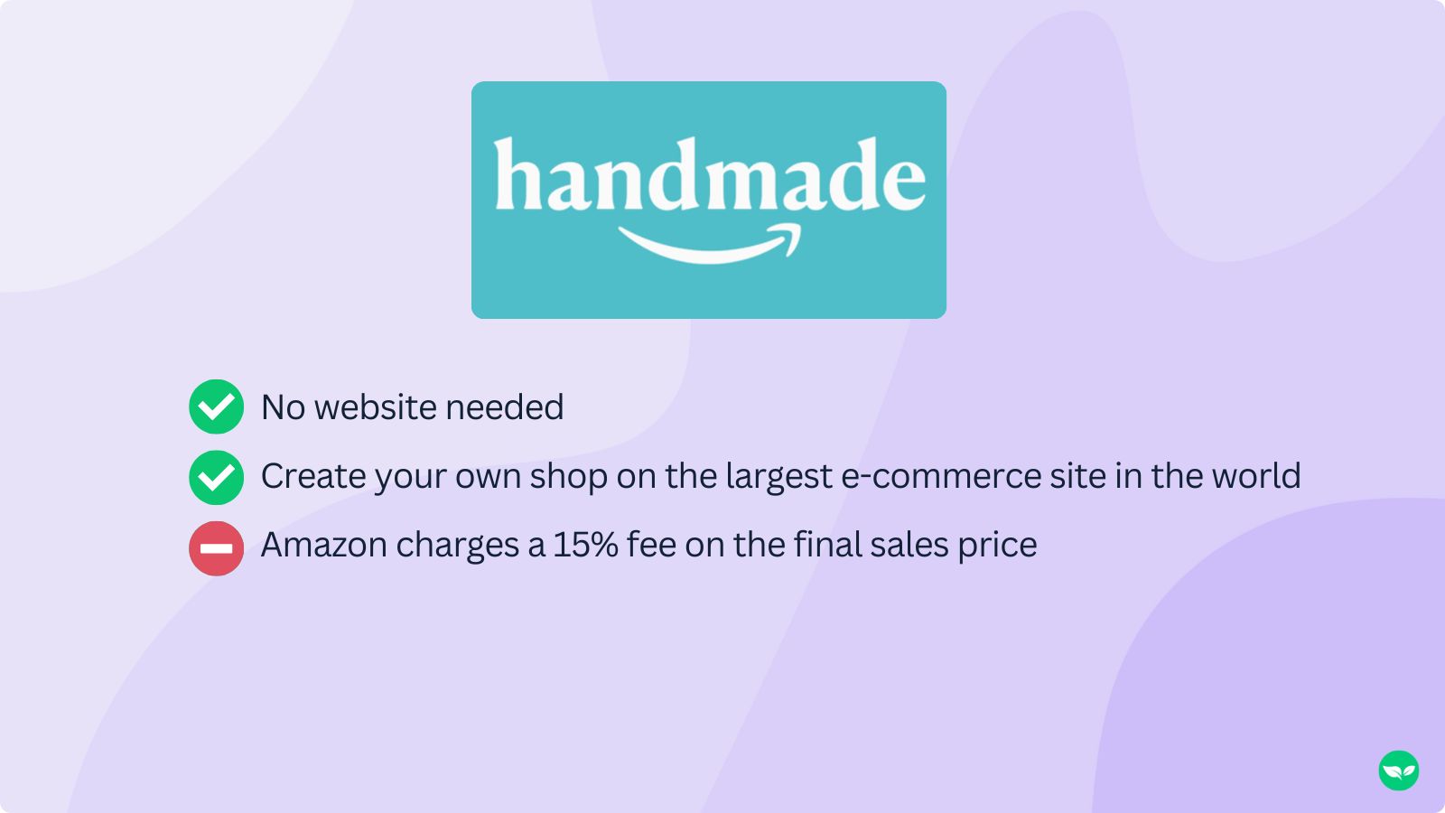 Amazon Handmade logo with a few key facts about the platform: no website needed, create your own shop on the largest e-commerce site in the world, and Amazon charges a 15% fee on the final sales price.