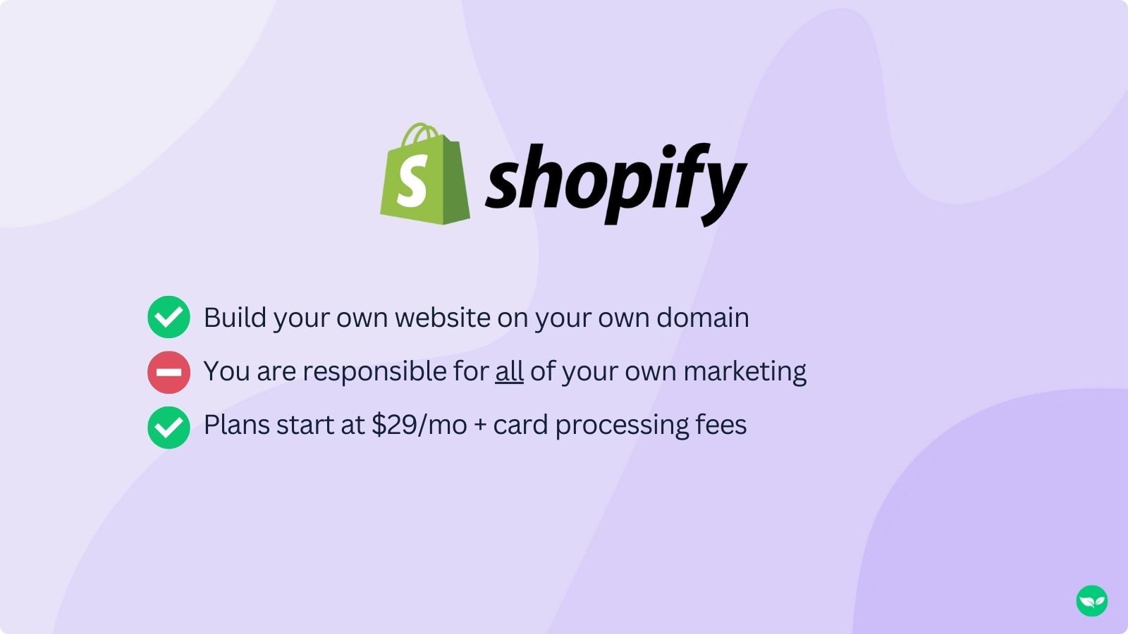 Shopify logo on a graphic that shows a few key facts about the platform: Build your own website on your own domain, you are responsible for all of your own marketing, and plans start at $29/mo + card processing fees.