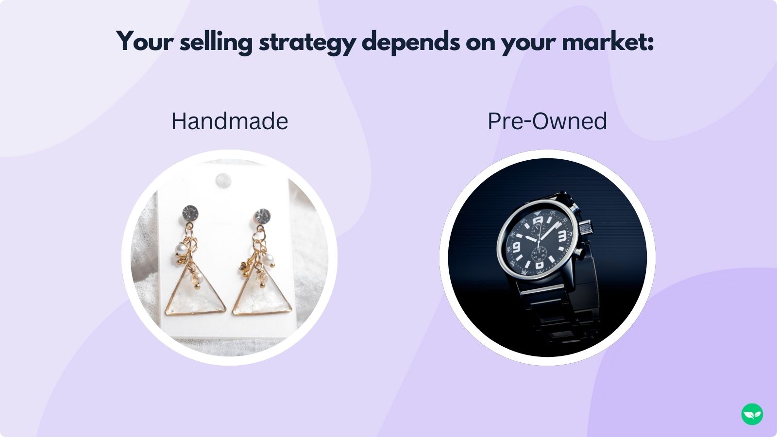 A graphic showing two categories of jewelry: handmade vs. pre-owned. Each one will have a different strategy for selling online.