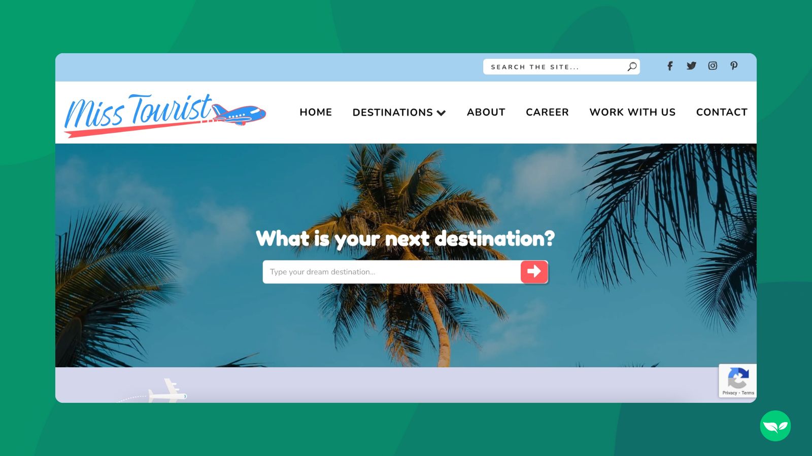 A mockup of the Misstourist website showing the headline "What is your next destination?"