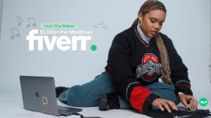 A photo of Zhenel Rawlinson sitting on the floor with her laptop and DJ equipment with the words 