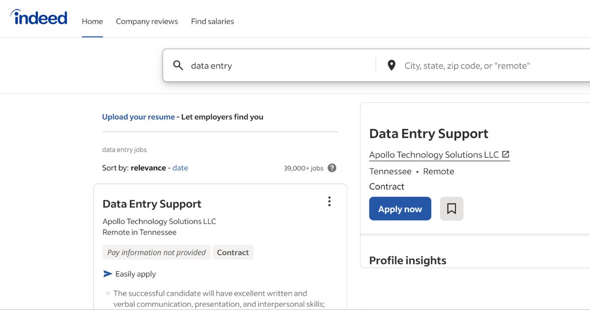 data entry jobs found on indeed