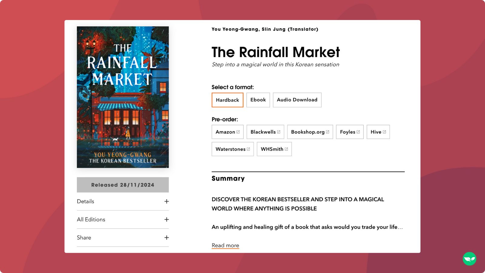 A screenshot showing a product listing for The Rainfall Market